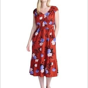 Time and Tru Red Floral Midi Dress with Blue & White Blooms